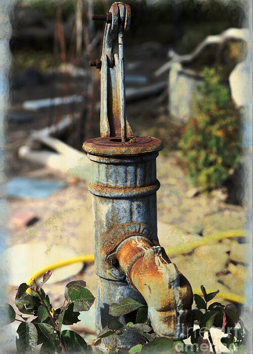 Garden Greeting Card featuring the mixed media Old Pump in Garden by Kae Cheatham