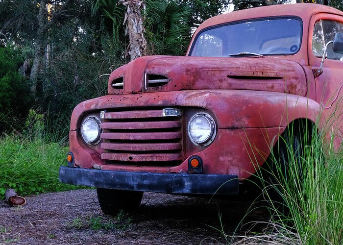 Concept Greeting Card featuring the photograph Old Red Truck by Grass by Darryl Brooks