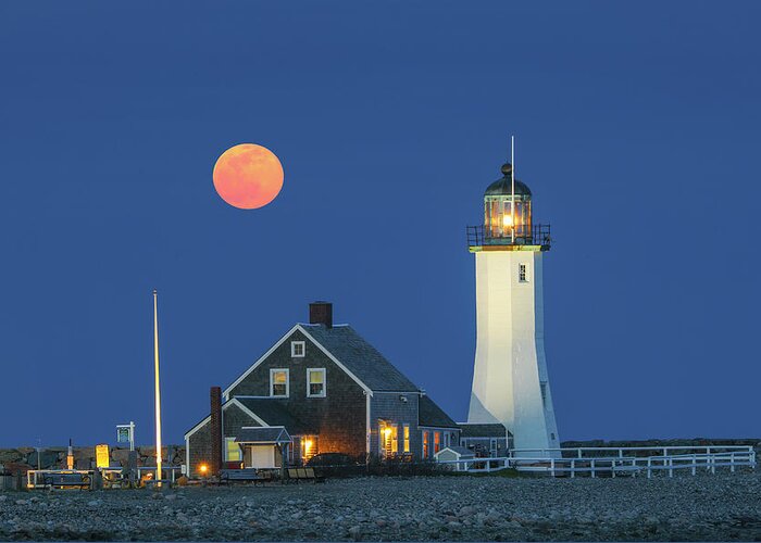 Old Scituate Lighthouse Greeting Card featuring the photograph Old Scituate Lighthouse with Full Moon by Juergen Roth