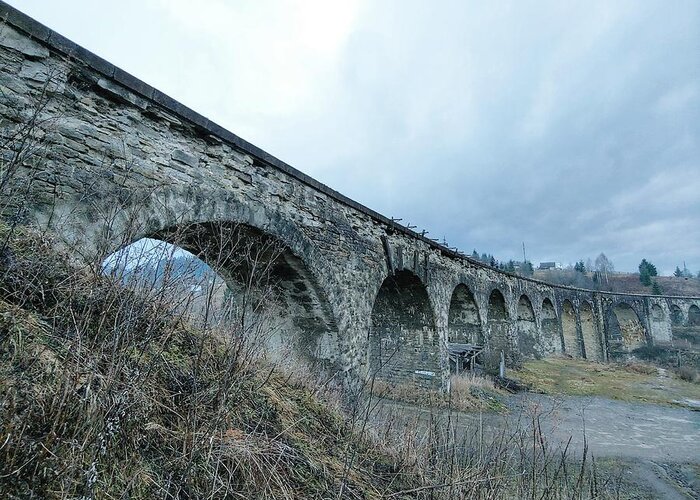 Viaduct Greeting Card featuring the photograph Old Stone Viaduct in Vorokhta by Alex Mir