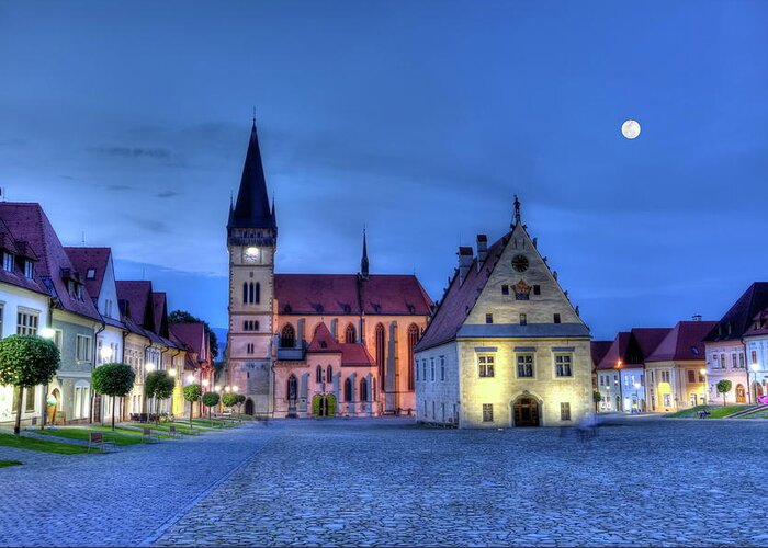 Town Greeting Card featuring the photograph Old town square in Bardejov, Slovakia,HDR by Elenarts - Elena Duvernay photo