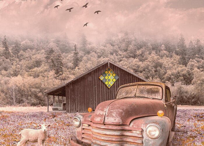 Barn Greeting Card featuring the photograph Old Truck in the Fog on the Farmhouse by Debra and Dave Vanderlaan