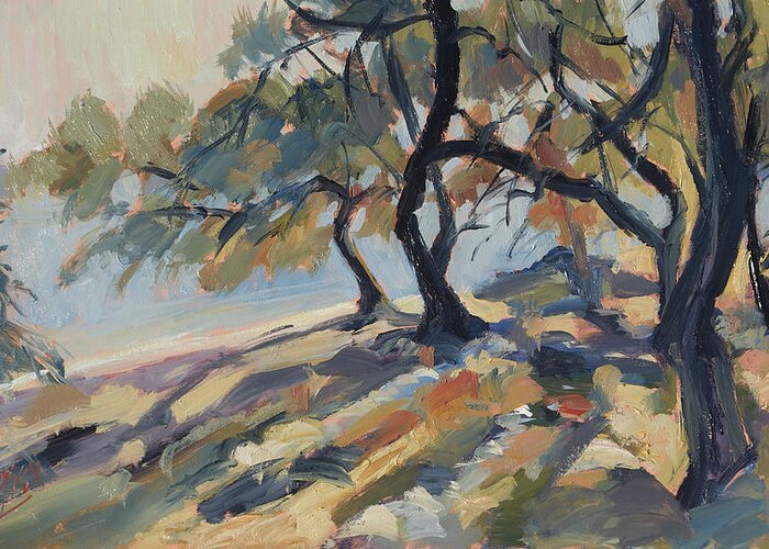 Paxos Greeting Card featuring the painting Olive trees at Marmari beach on Paxos by Nop Briex