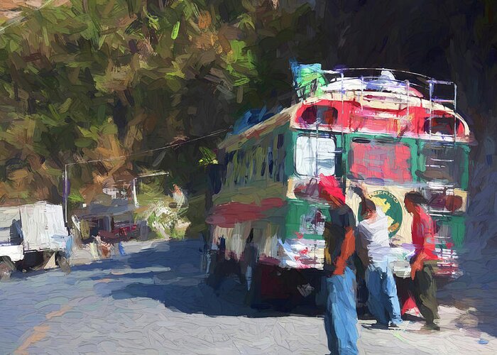 Bus Greeting Card featuring the mixed media On the roads of Guatemala - Painting by Tatiana Travelways