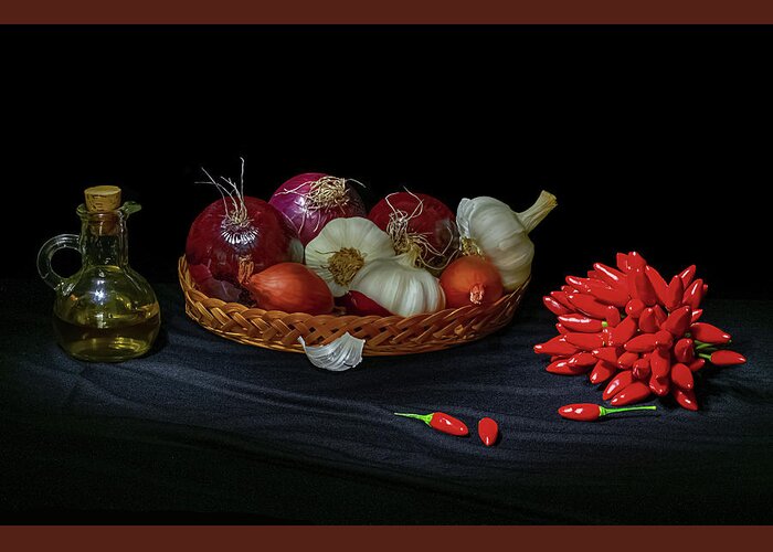 Food Greeting Card featuring the photograph Onion, garlic, oil and fresh chili pepper by Loredana Gallo Migliorini