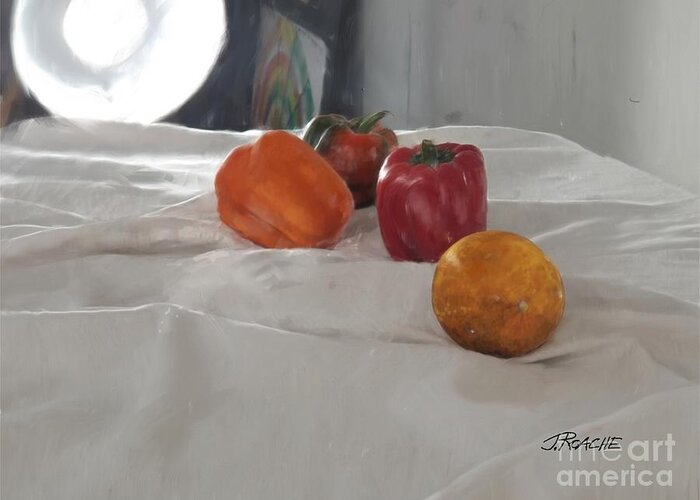 Bell Peppers Greeting Card featuring the digital art Orange and Bell Peppers. by Joe Roache