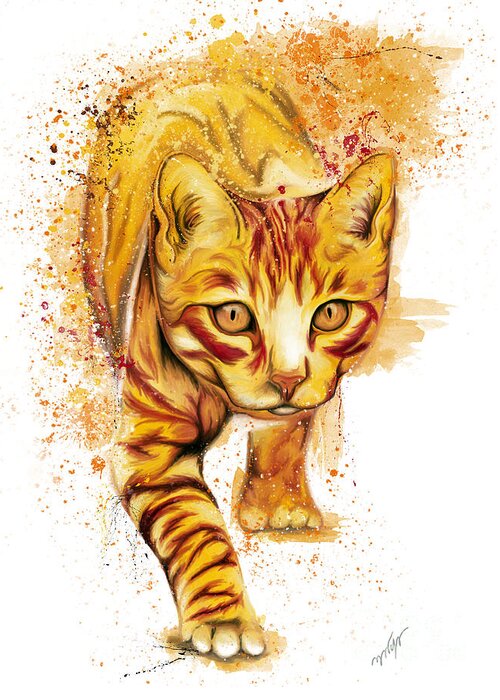 Orange Cat Greeting Card featuring the painting Orange chasing cat splatter painting, watercolor cat, by Nadia CHEVREL