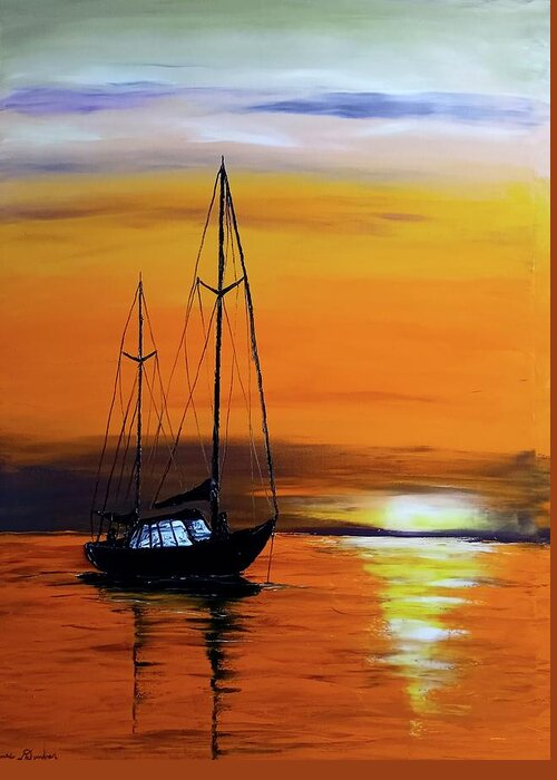  Greeting Card featuring the painting Orange Dusk Sails #5 by Dunbar's Local Art Boutique