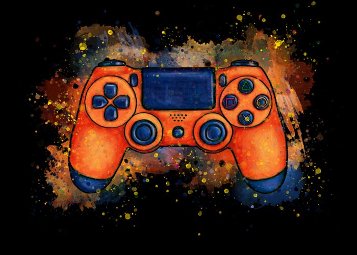 Gaming Greeting Card featuring the painting Orange game controller splatter art, gaming by Nadia CHEVREL