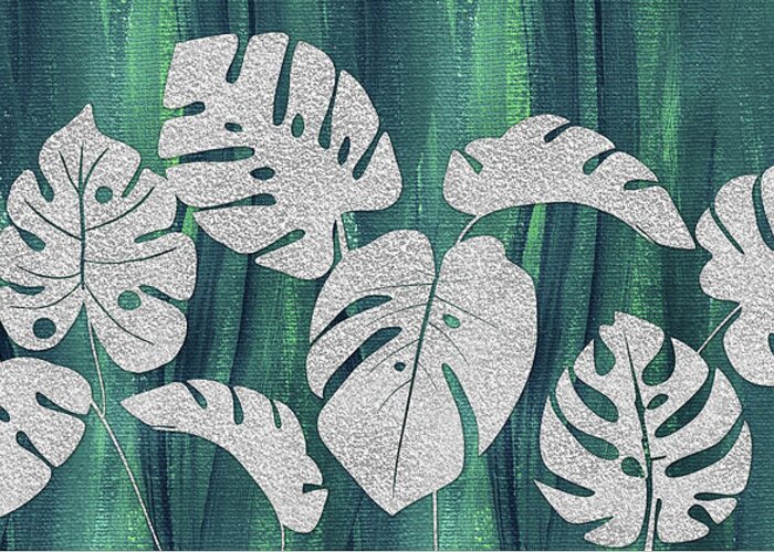 Mostera Greeting Card featuring the painting Organic Silver Gray Glow Monstera Foliage Leaves Botanical On Teal Indigo Blue by Irina Sztukowski