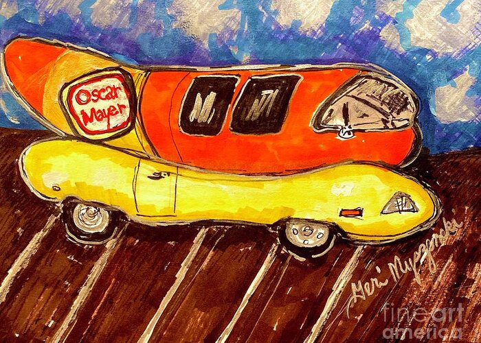 Wienermobile Greeting Card featuring the mixed media Oscar Mayer Wienermobile by Geraldine Myszenski