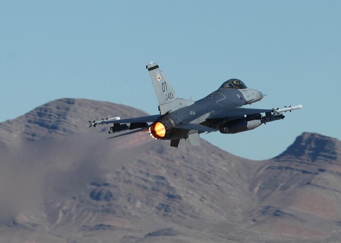 Falcon Greeting Card featuring the photograph OT F-16 88-0423 departing 21L at Nellis AFB by Custom Aviation Art