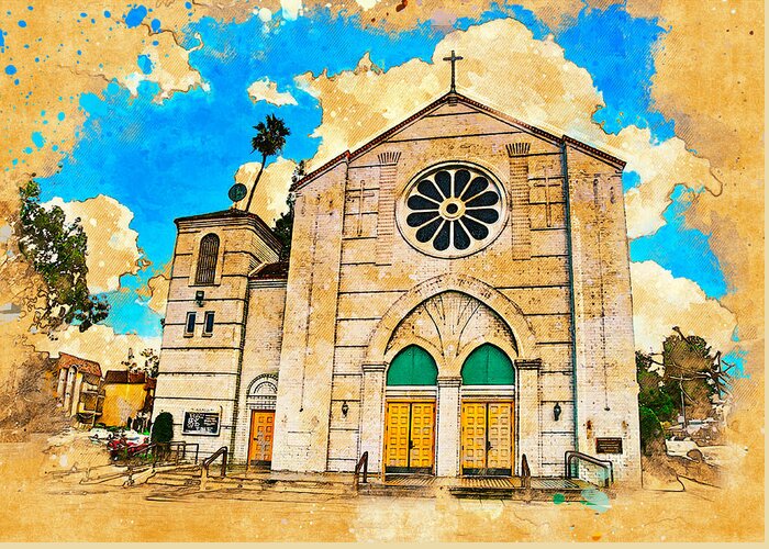 Our Lady Of Perpetual Help Greeting Card featuring the digital art Our Lady of Perpetual Help catholic church in Downey, California by Nicko Prints
