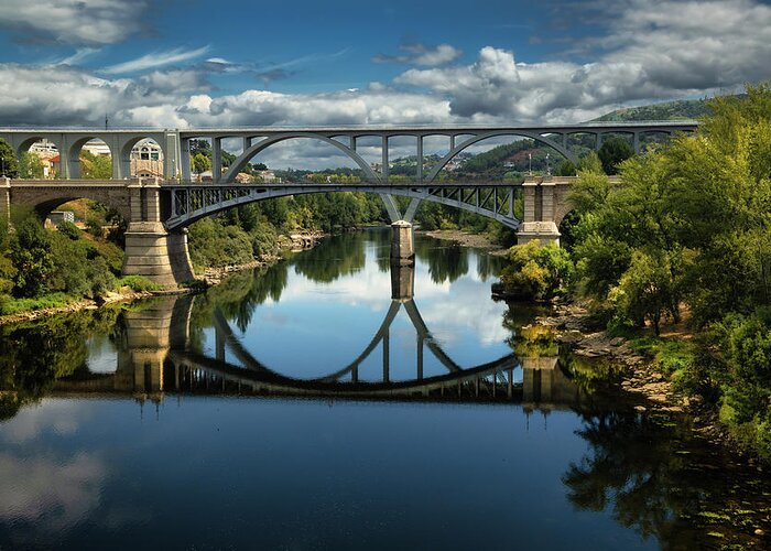 Ourense Greeting Card featuring the photograph Ourense Camino Rio Minho Bridge by Micah Offman