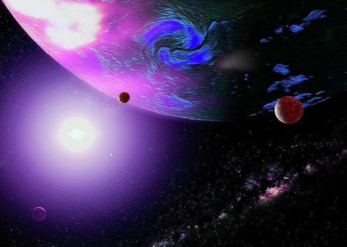  Greeting Card featuring the digital art Outer Space Giant Planet and Moons by Don White Artdreamer