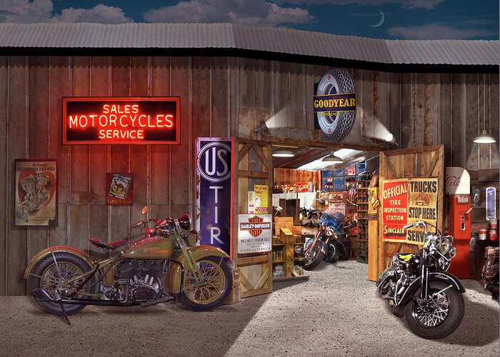 Motorcycle Shop Greeting Card featuring the photograph Outside the Motorcycle Shop by Mike McGlothlen