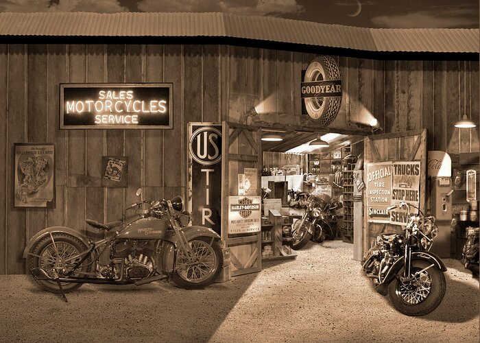 Motorcycle Greeting Card featuring the photograph Outside The Old Motorcycle Shop - Spia by Mike McGlothlen