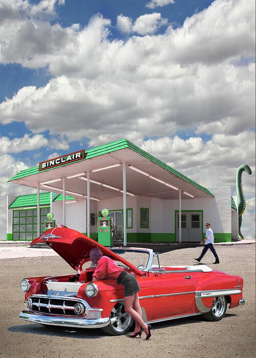 54 Chevy Belair Greeting Card featuring the photograph Over heating at the Sinclair Station V by Mike McGlothlen