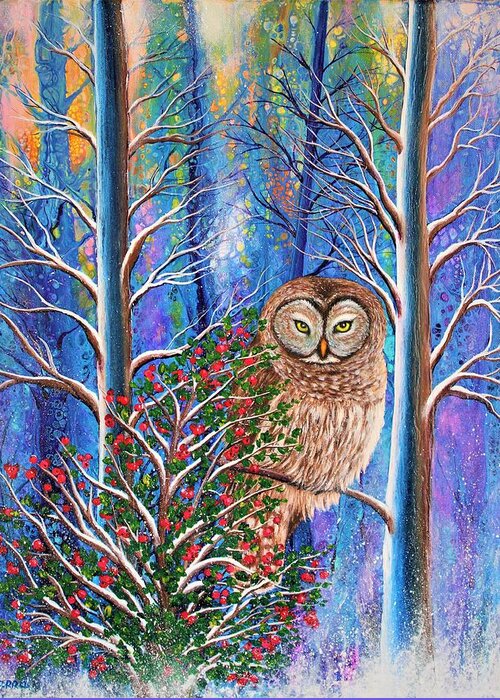 Wall Art Home Decoe Birds Bird Wild Life Winter Forest Sunrise Acrylic Painting Abstract Art Pouring Art Wild Bird Forest Gift Idea Greeting Card featuring the painting Owl by Tanya Harr