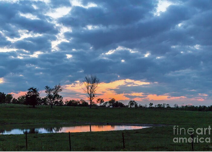 Ozarks Greeting Card featuring the photograph Ozarks Country Pond Reflection Sunset by Jennifer White