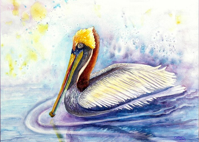 Bird Greeting Card featuring the painting Paddlin' Pelican by Art by Carol May
