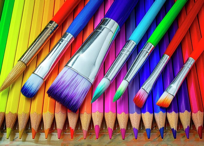 Pencil Greeting Card featuring the photograph Paintbrushes On Colored Pencils by Garry Gay