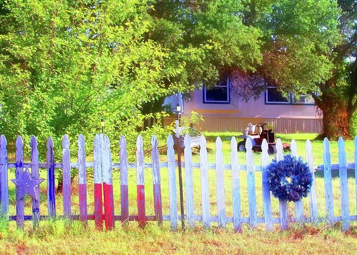 Red Greeting Card featuring the digital art Painted Fence by Audreen Gieger