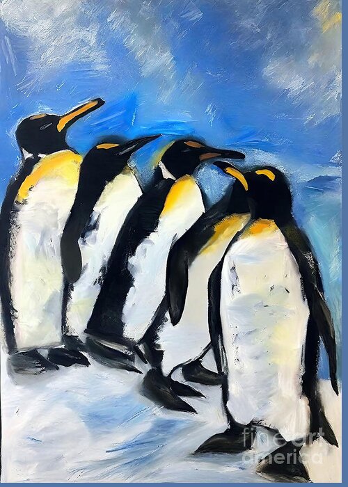 Image Greeting Card featuring the painting Painting Antarctic Emperor Penguins image cute a by N Akkash