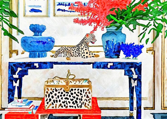 House Greeting Card featuring the painting Painting Cheetah And Her Cub In Blue Chinoiserie by N Akkash