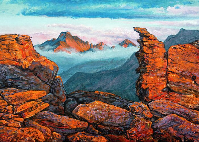 Rocky Mountain National Park Greeting Card featuring the painting Painting - Longs Peak and Rock Cut Sunset by Aaron Spong