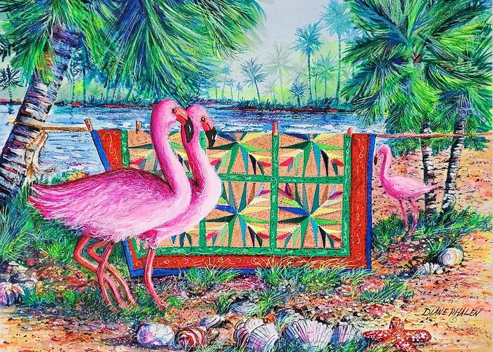 Palm Quilt Greeting Card featuring the painting Palm Quilt Flamingos by Diane Phalen