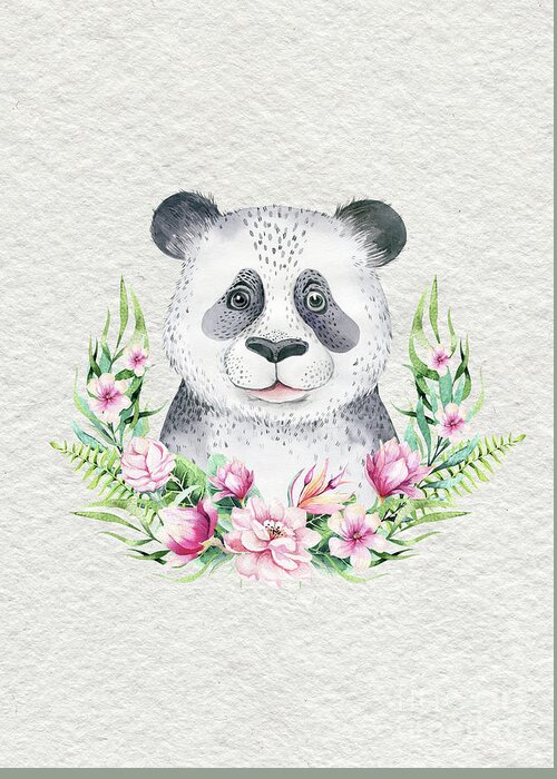 Panda Greeting Card featuring the painting Panda Bear With Flowers by Nursery Art