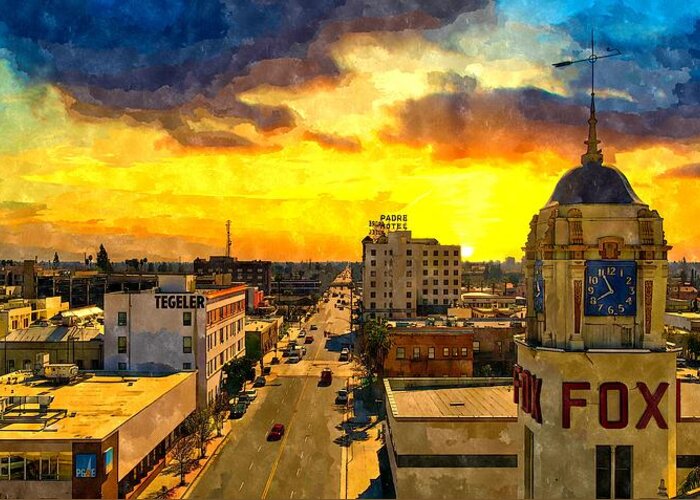 Bakersfield Greeting Card featuring the digital art Panorama of downtown Bakersfield, California - watercolor painting by Nicko Prints