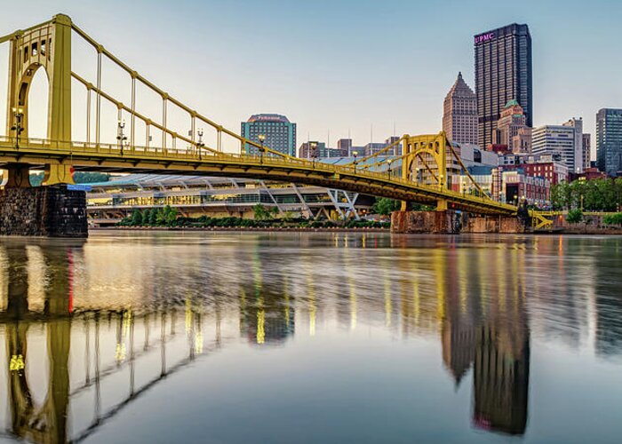 Pittsburgh Skyline Greeting Card featuring the photograph Panoramic Pittsburgh Skyline Reflections by Gregory Ballos