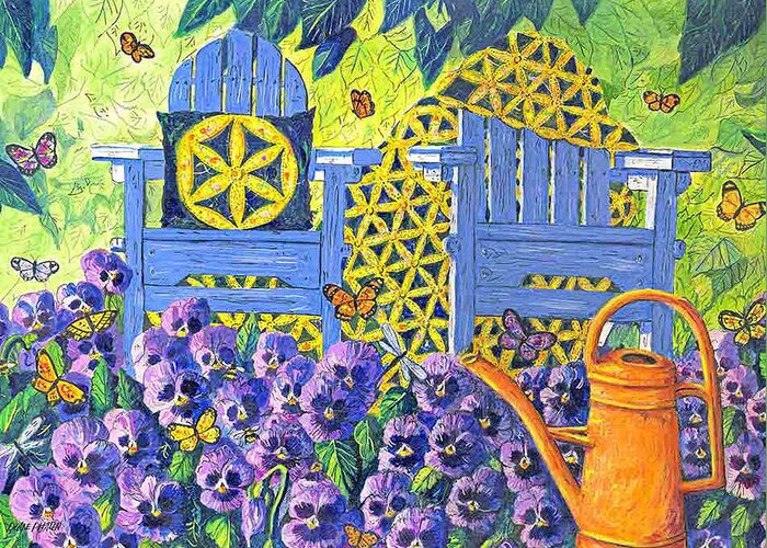 Purple Pansies Greeting Card featuring the painting Pansy Quilt Garden by Diane Phalen