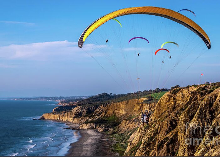 Beach Greeting Card featuring the photograph Paragliders Flying Over Torrey Pines by David Levin