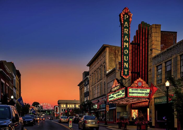 Night Greeting Card featuring the photograph Paramount Theater at Sunset by Shelia Hunt