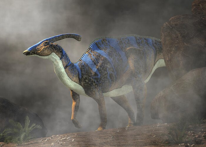 Parasaurolophus Greeting Card featuring the digital art Parasaurolophus in Fog by Daniel Eskridge