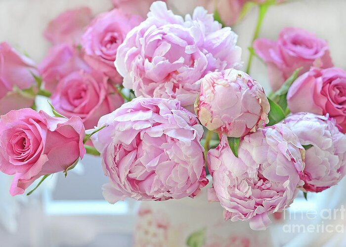Peonies Greeting Card featuring the photograph Paris Peonies and Roses Shabby Chic Dreamy Peonies - Romantic Paris Peonies and Roses Floral Art by Kathy Fornal
