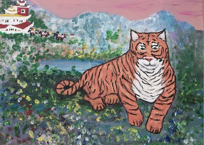 Tiger Greeting Card featuring the painting Paro Taktsang,Tiger's nest by Lisa Koyle
