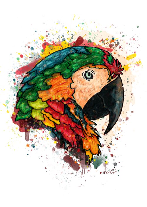 Parrot Greeting Card featuring the painting Parrot portrait painting on white background, Macaw parrot by Nadia CHEVREL