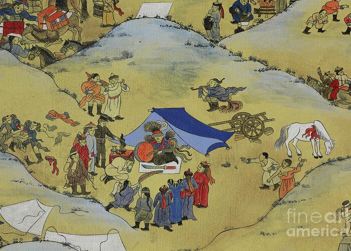 Mongolian Greeting Card featuring the painting Part of One day in Mongolia by Solongo Chuluuntsetseg