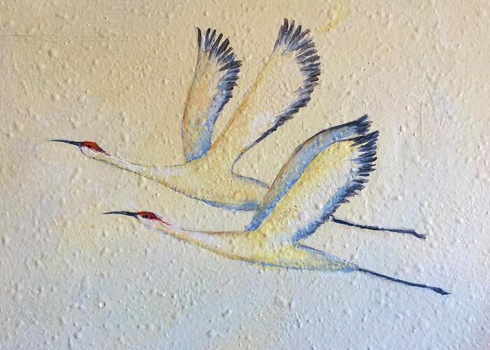 Cranes In Flight Greeting Card featuring the painting Partners for Life by Caroline Patrick