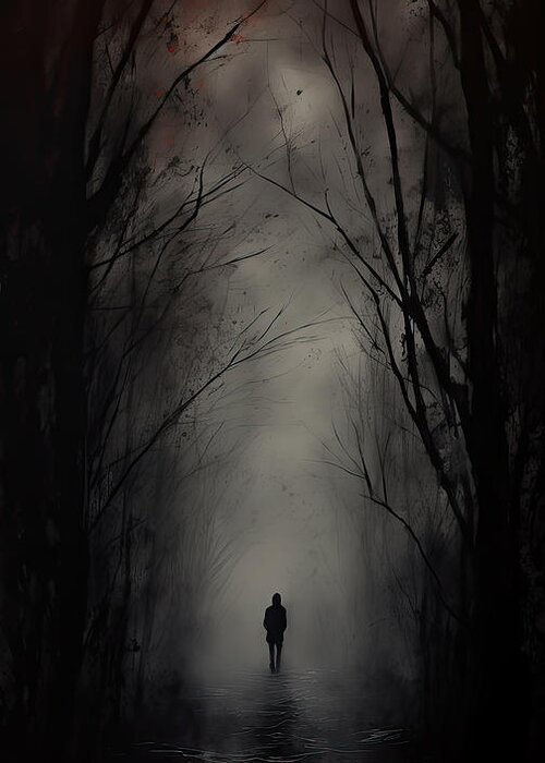 Dark Art Greeting Card featuring the painting Path of the Killer - A Trail of Blood in the Moonlight by Lourry Legarde