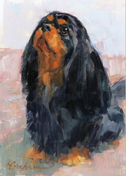 Black And Tan Cavalier King Charles Spaniel Dog Greeting Card featuring the painting Patiently Waiting by Lindsey Bittner Graham