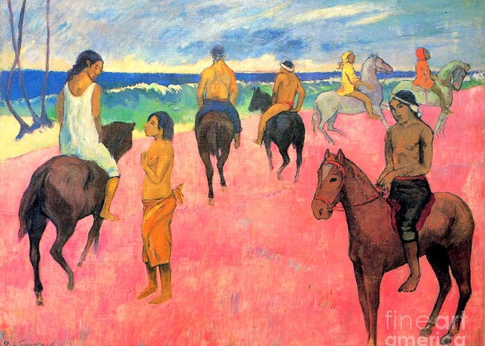 Paul Gauguin Greeting Card featuring the painting Paul Gauguin - Horseman on the Beach I by Alexandra Arts