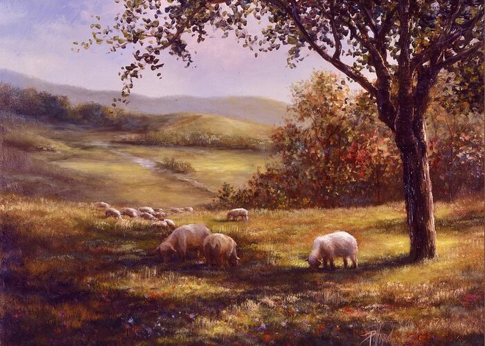 Country Landscape Greeting Card featuring the painting Peaceful Pasture by Lynne Pittard