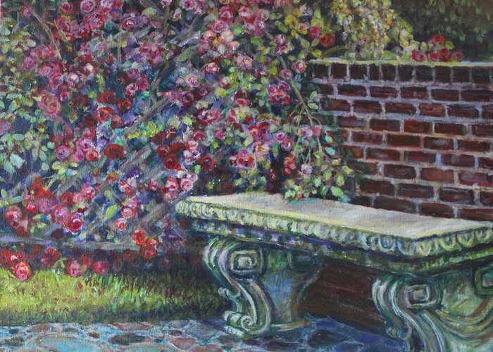 Garden Scene Greeting Card featuring the painting Peaceful Place Of Roses by Veronica Cassell vaz