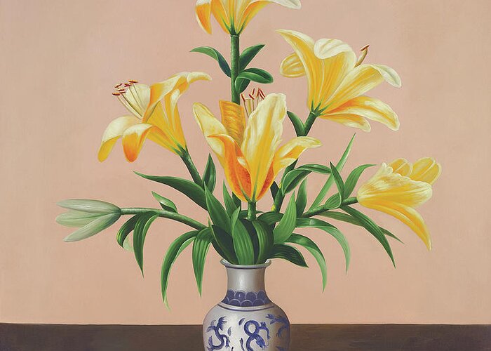 Yellow Greeting Card featuring the painting Peach Lilies by Welby