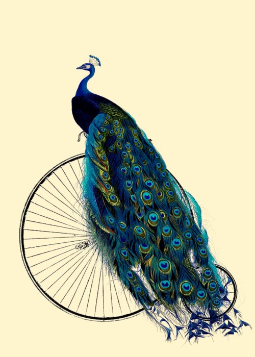 Regal Greeting Card featuring the digital art Peacock On A Bicycle, Home Decor by Madame Memento
